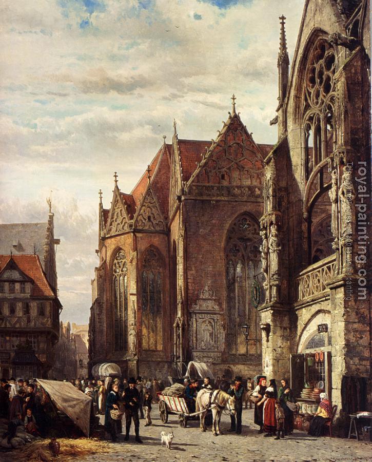 Cornelis Springer : Many Figures On The Market Square In Front Of The Martinikirche Braunschweig
